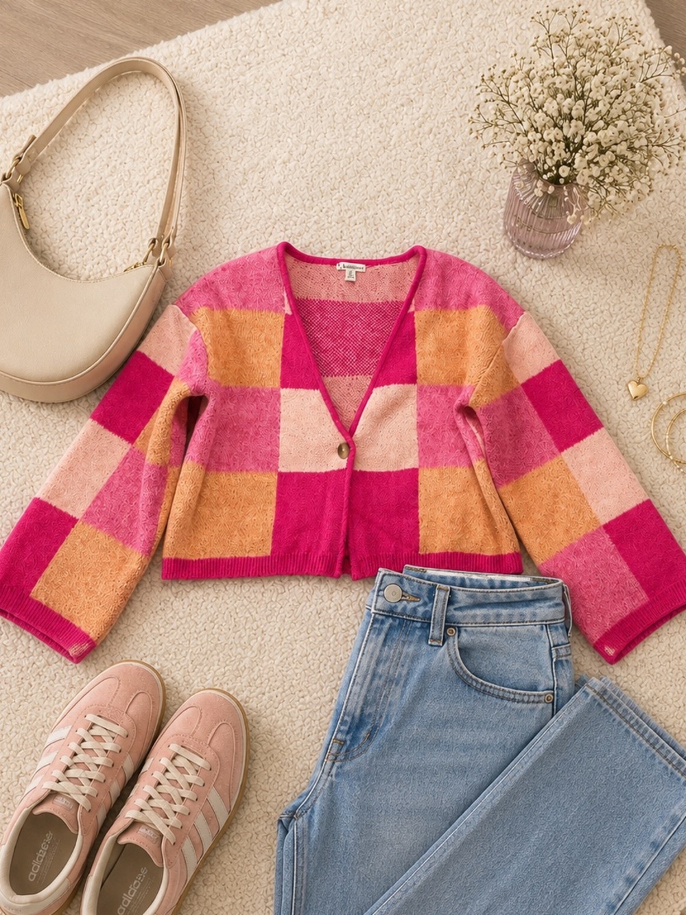 Versona Colorblock Checkered Cropped Cardigan Sweater Pink Orange Peach Size M